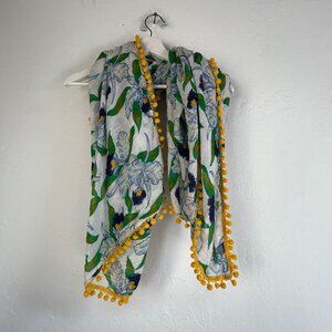 Tory Burch Womens Floral Print Cotton Scarf With Pom-Pom Trim Boho Green 100x24